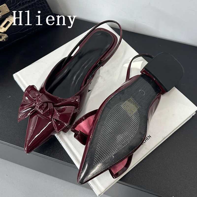 Hlieny Fashion Design Big Butterfly Knot Women Flat Mules Sandals High Quality Cozy Patent Leather Pointed Toe Back Strap Shoes Z260330