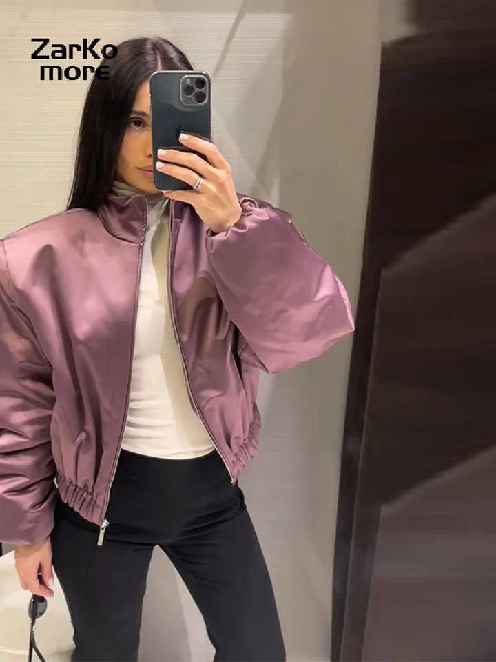 Fashion Y2K Satin Bomber Jacket Women Mauve Puff Sleeve Cropped Zip Up Casual Outerwear 2026 Spring Lady Chic Street Coats NewT260328