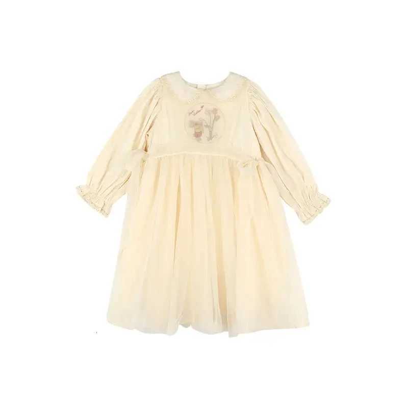 1-9Y New Baby Kid Girl Spring Summer Cream Color Kids Infant Dress Children Doll Collar Embroidered Yarn Dress Girls ClothesT260330