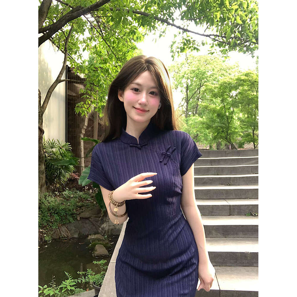 Improved Cheongsam Button Short Sleeve For Women Summer New Chinese National Style Slim Fit Split Waist Bodycon Long Dress Qipao Hanfu Silk