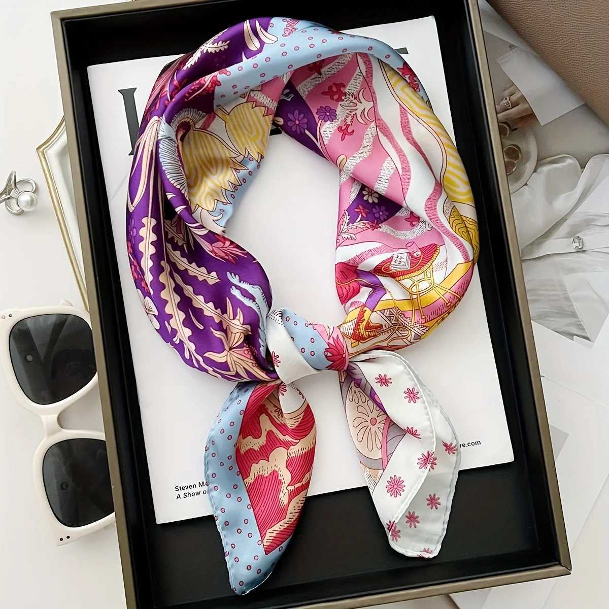 Luxury Floral Print Square Scarf Wen Soft Satin Kerchief Hairband Hijab band Foard Bag Ribbon Neck Ties X260328