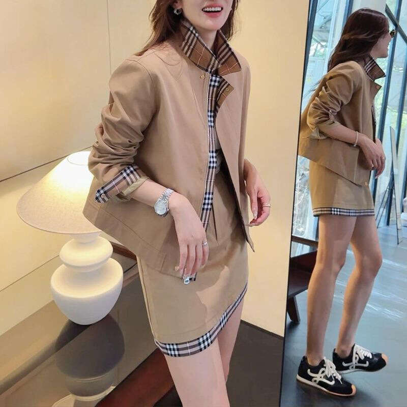Elegant Plaid Patchwork Suit For Women Spring Autumn Short Trench Coat Jacket And High Waisted Skirt Two Piece Set Luxury