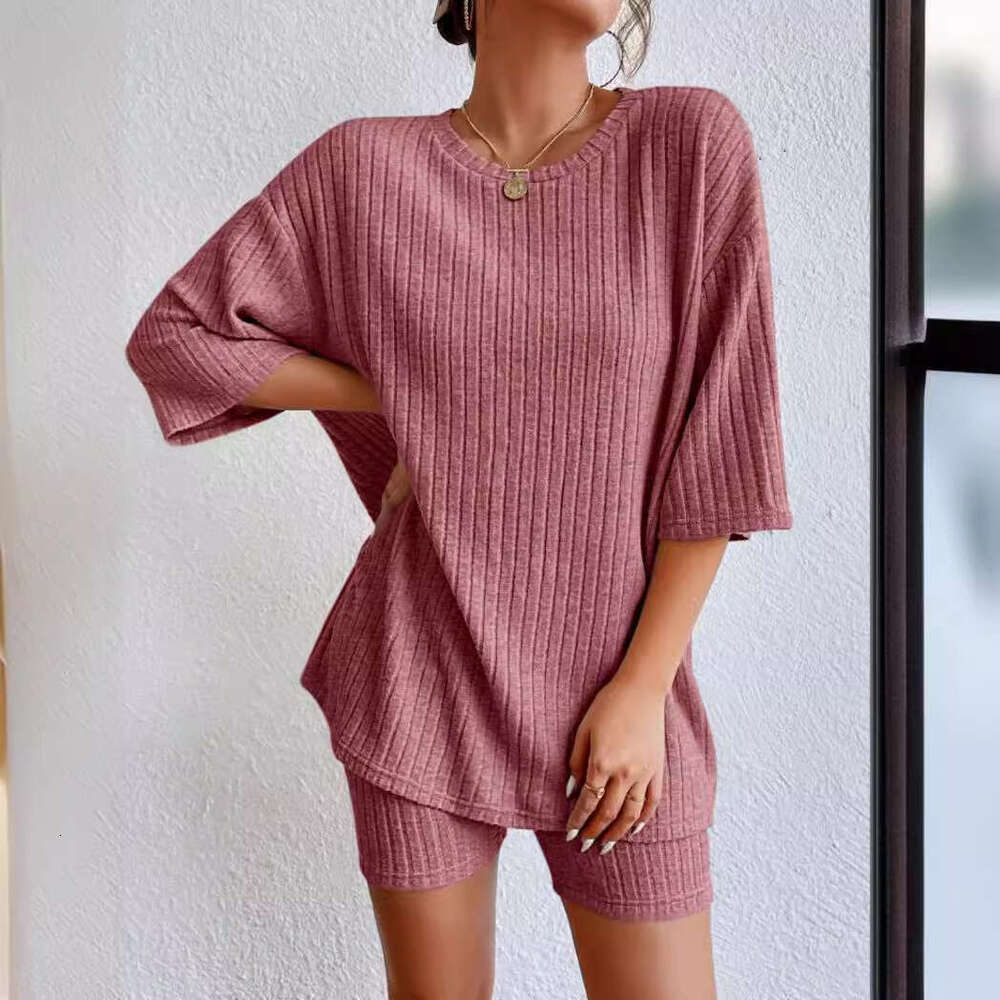 New European and American 2026 fashion casual solid color spring round-neck loose women's shorts set