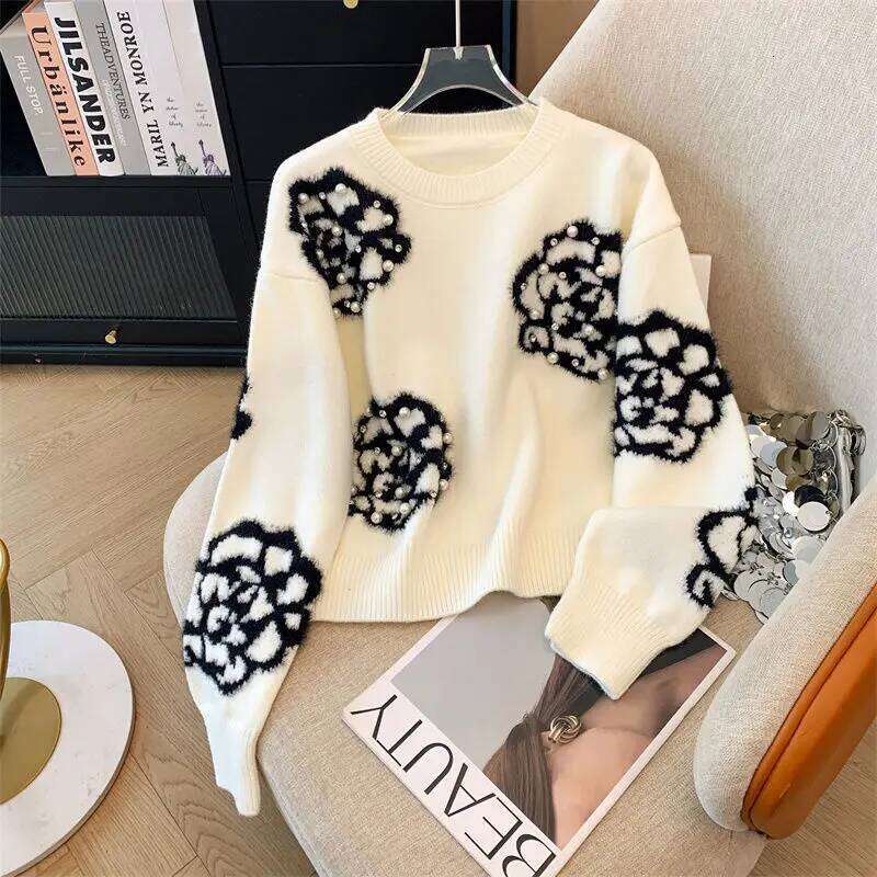 Korejpaa Sweet Flower Embroidery Gray Pullover Sweater Women Autumn Winter Clothes Korean Style Slimming Pull Femme Elegant