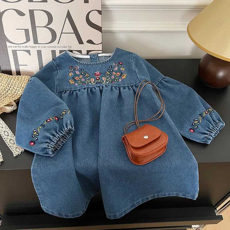 MILANCEL Girls Denim Dresses 2024 Autumn New Embroidery Floral Long Sleeve Dress Childrens Daily Casual ClothesT260330