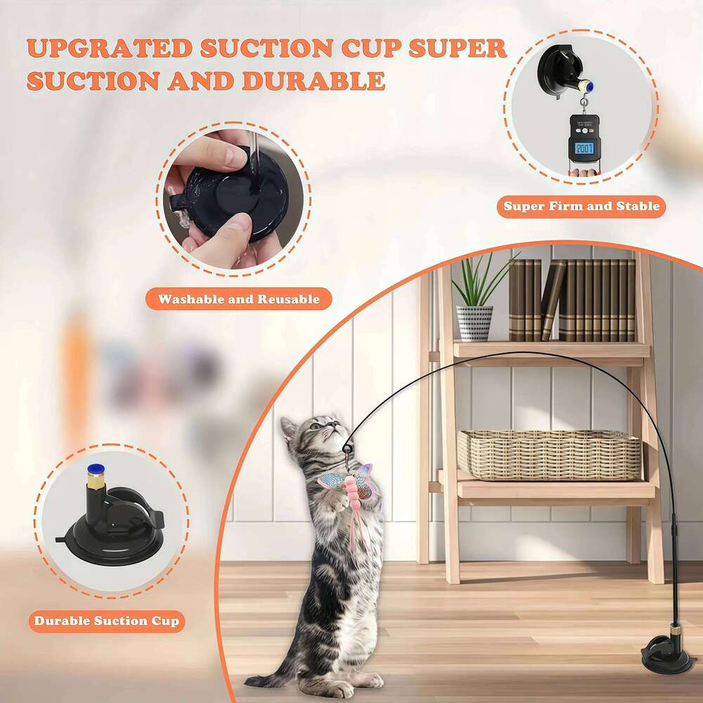 Toy Cat Pole With Bell Extended Rod Suction Cup Durable Bite Teaser Stick Replaceable Feather Head
