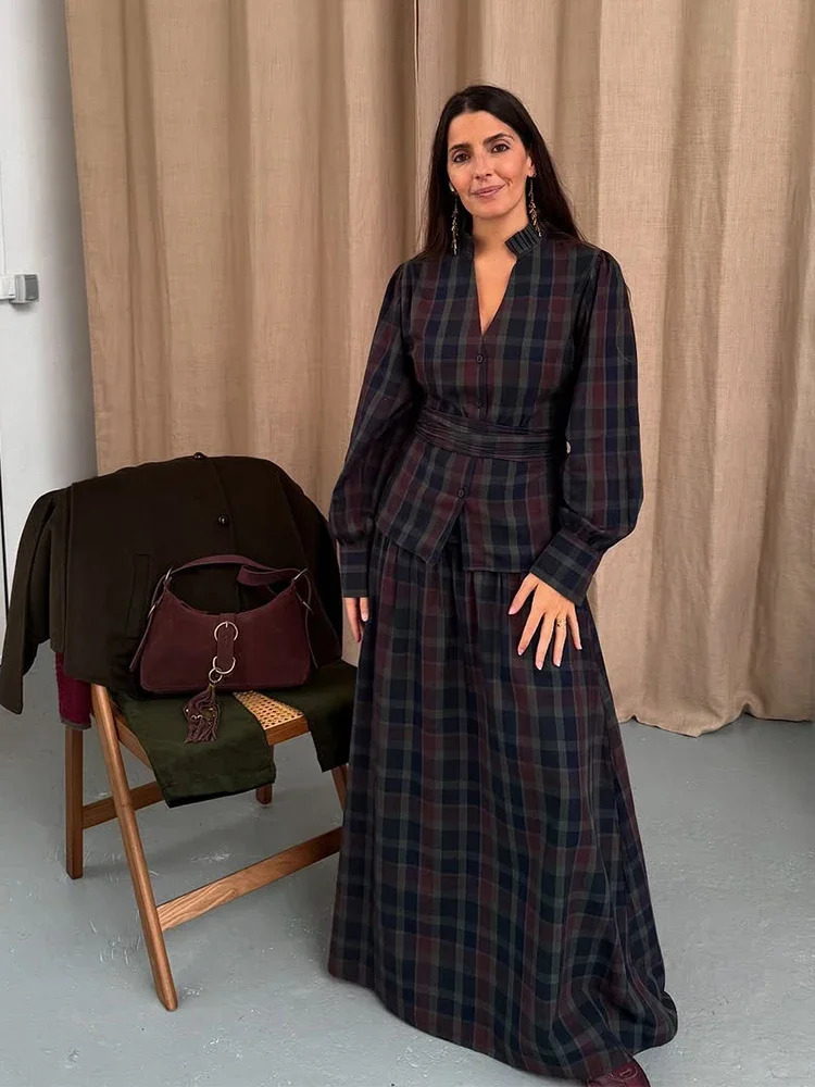 Women Casual Pleated Checkered Lace Up Suit Elegant Long Lantern Sleeves Slimfit Set Autumn Office Lady Commuteoutfits 260326