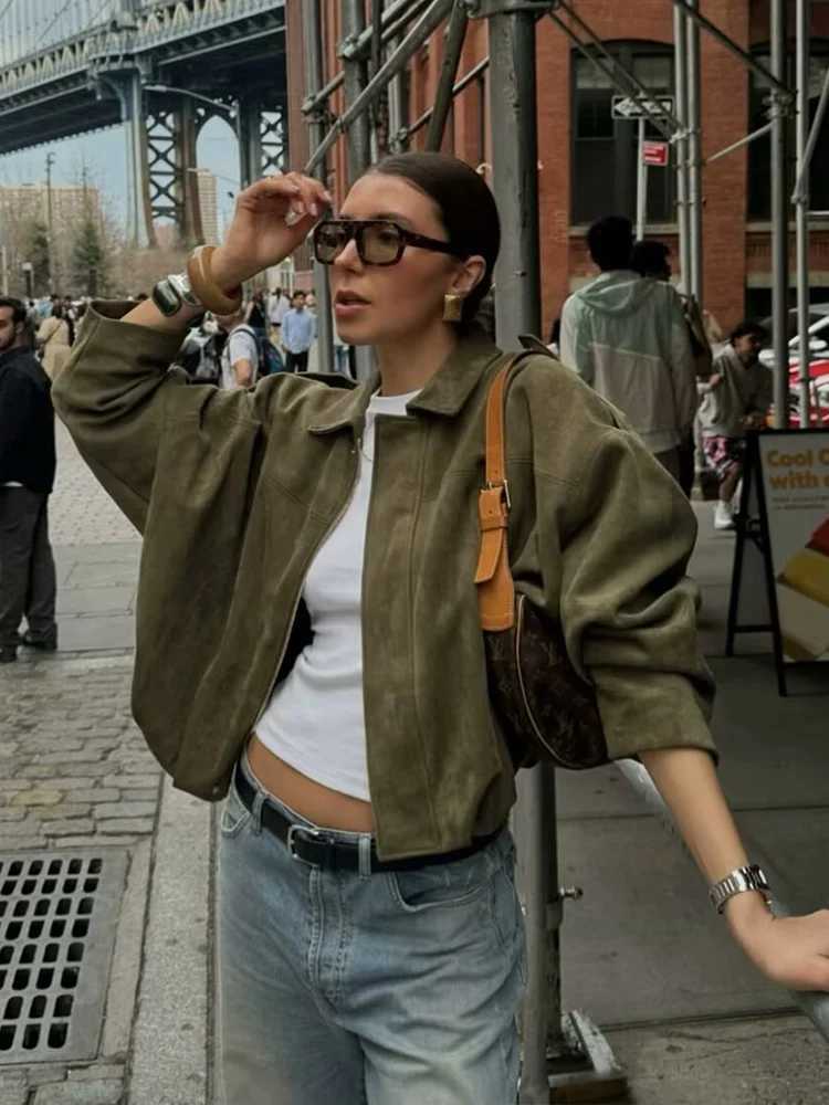 Women Green Suede Jacket 2026 New Spring Fashion Long Sleeve Zipper Oversize Bomber Jackets Chic Female Street Casual Coats T260328