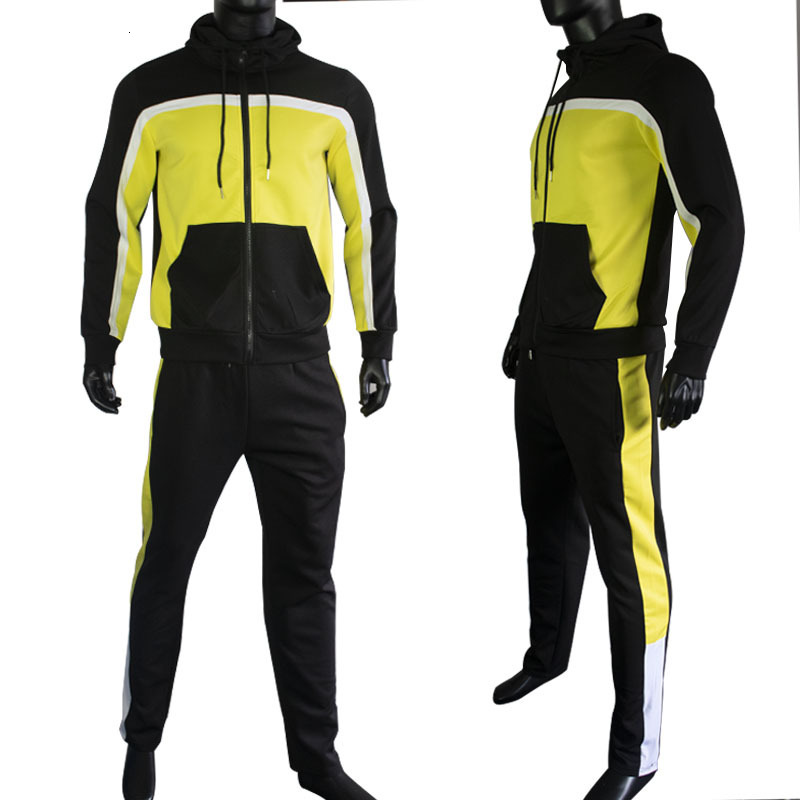 Cross-border men's clothing, color-blocked sports suit, one-piece hooded autumn jacket, sporty casual outfit, trendy long-sleeve style