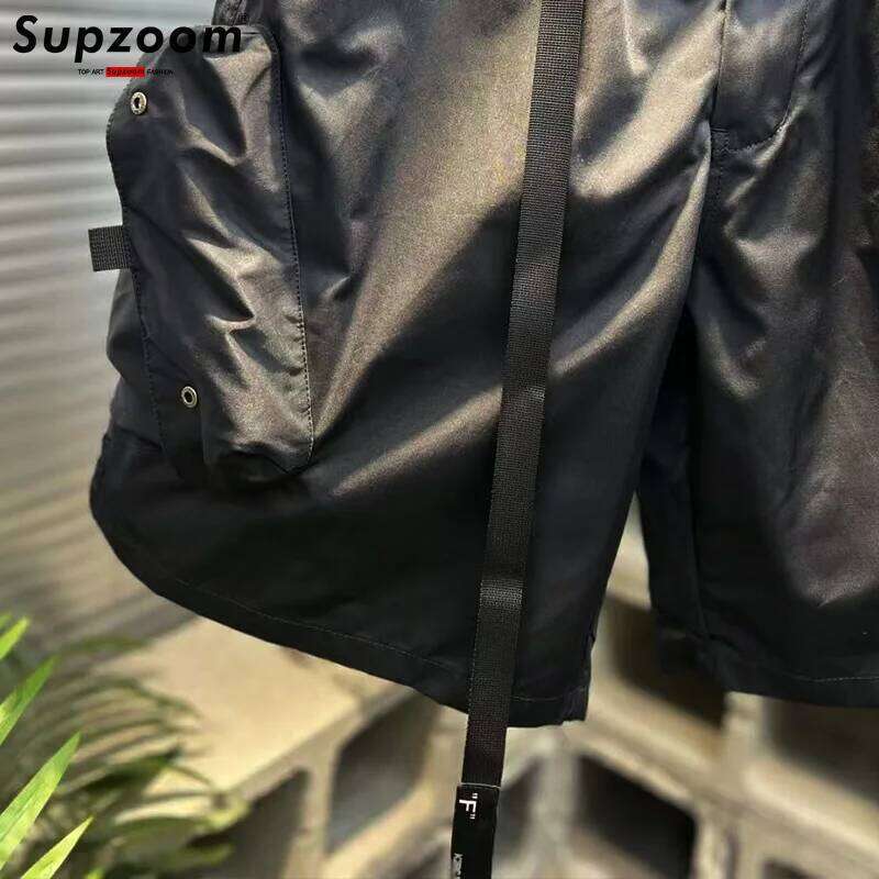 Supzoom New Arrival Top Fashion Summer Loose Casual Belt Design High Street Trendy Grid Stitching Pocket Personalized Shorts Men