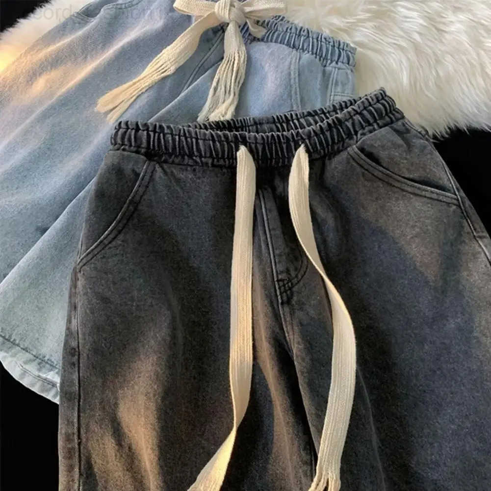Elastic Waist Denim Trousers Mens Elastic Drawstring Denim Shorts with Pockets Casual Summer Beach Shorts Quick-drying for Men H260330