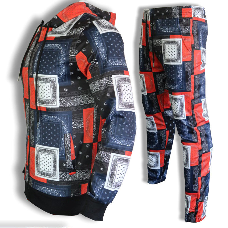 Men's sportswear autumn two-piece set: long-sleeved cashew pattern printed hoodie and pants, trendy quick-dry style