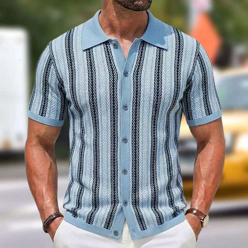 Summer Men Knitted Cardigan Short Sleeve Striped Shirts Fashion Jacquarded Blouse American Retro Premium Quality Knitwear M-3Xl