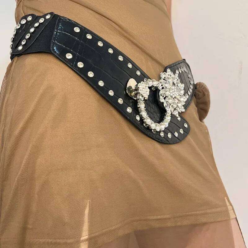 Rhinestone Splicing Wide Waistband Women Sexy Belts Bling Vintage Flower Punk Metal Buckle Y2k PU Leather Belt Skirt Accessories Chunjinqiuli