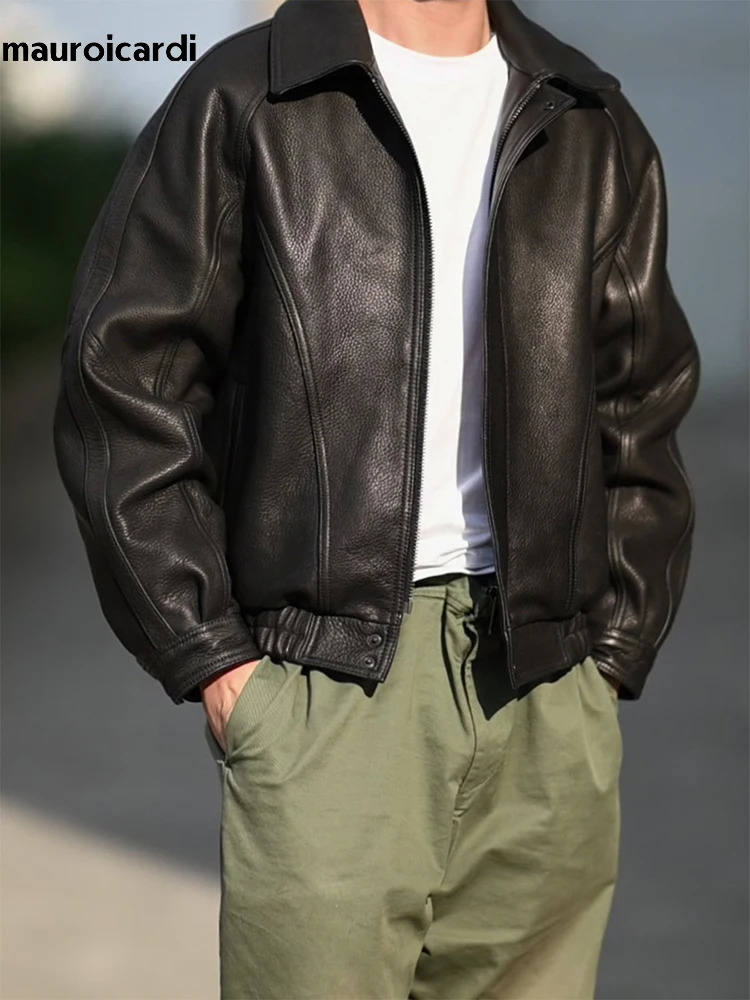 Mauroicardi Spring Autumn Cool Handsome Black Hard Pu Leather Jacket Men Zipper American Vintage Clothes 260327
