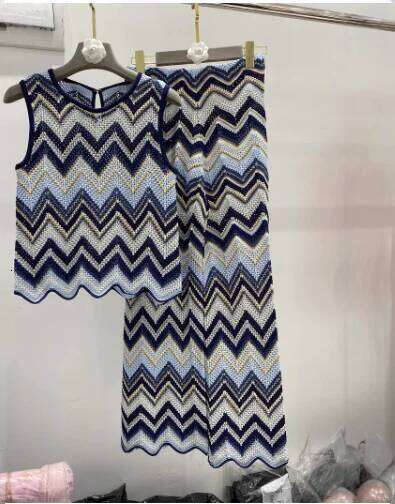 High-Version Color-Blocked Wave Pattern Thin Sexy Niche Striped Casual Pants + Tank Top Silk-Like Two-Piece Set Mdng260330