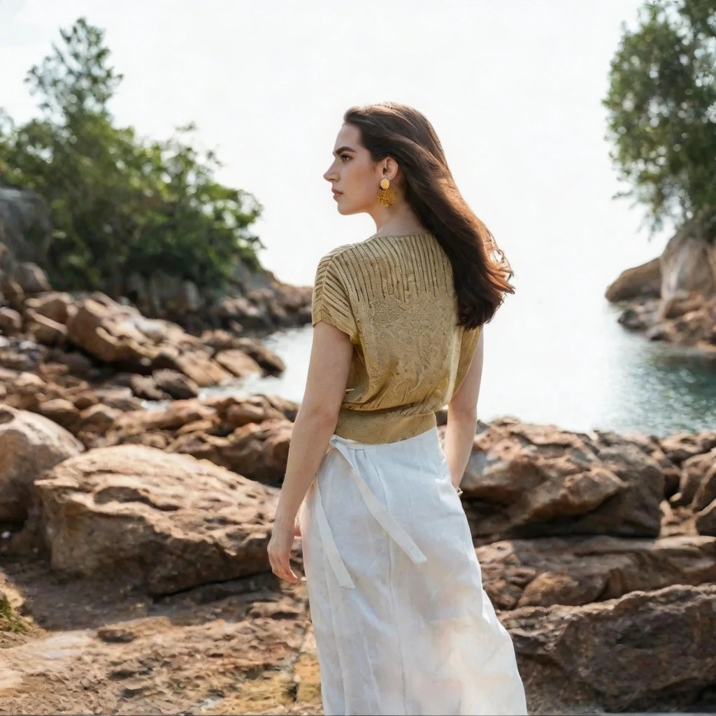 Luxury Designer Gold Knit Top Women French Style V Neck Cap Sleeve Blouse Summer Sexy Cross Front Slim Fit Top with White Patchwork Linen Skirt