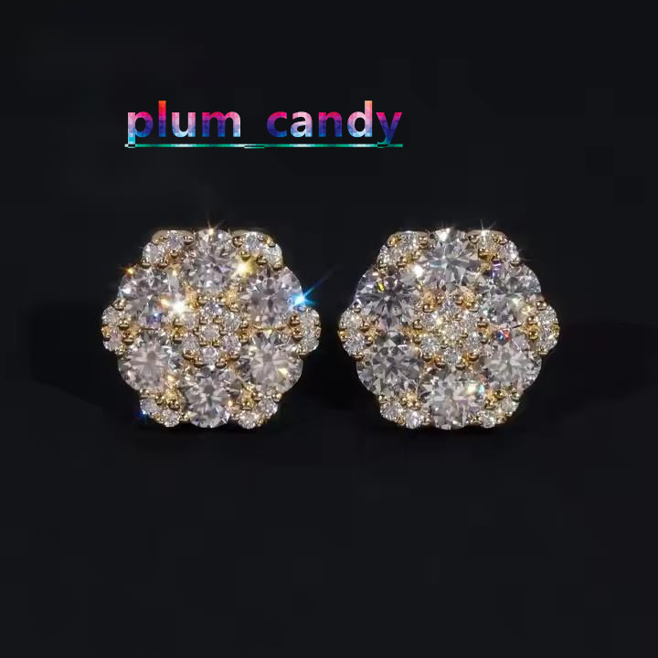 Fine Jewelry Big Luxury Cluster Flower Hip Hop 925 Sterling Silver Moissanite Stud Earrings