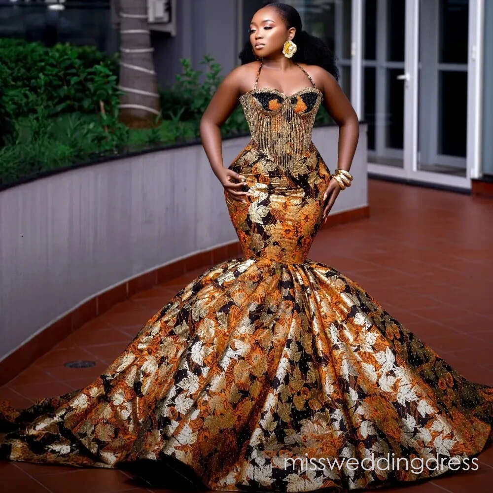 2026 Aso Ebi Nigerian Printed Mermaid Prom Dresses Halter Beaded Evening Formal Party Second Birthday Engagement Reception Gowns Dress For Special Occ