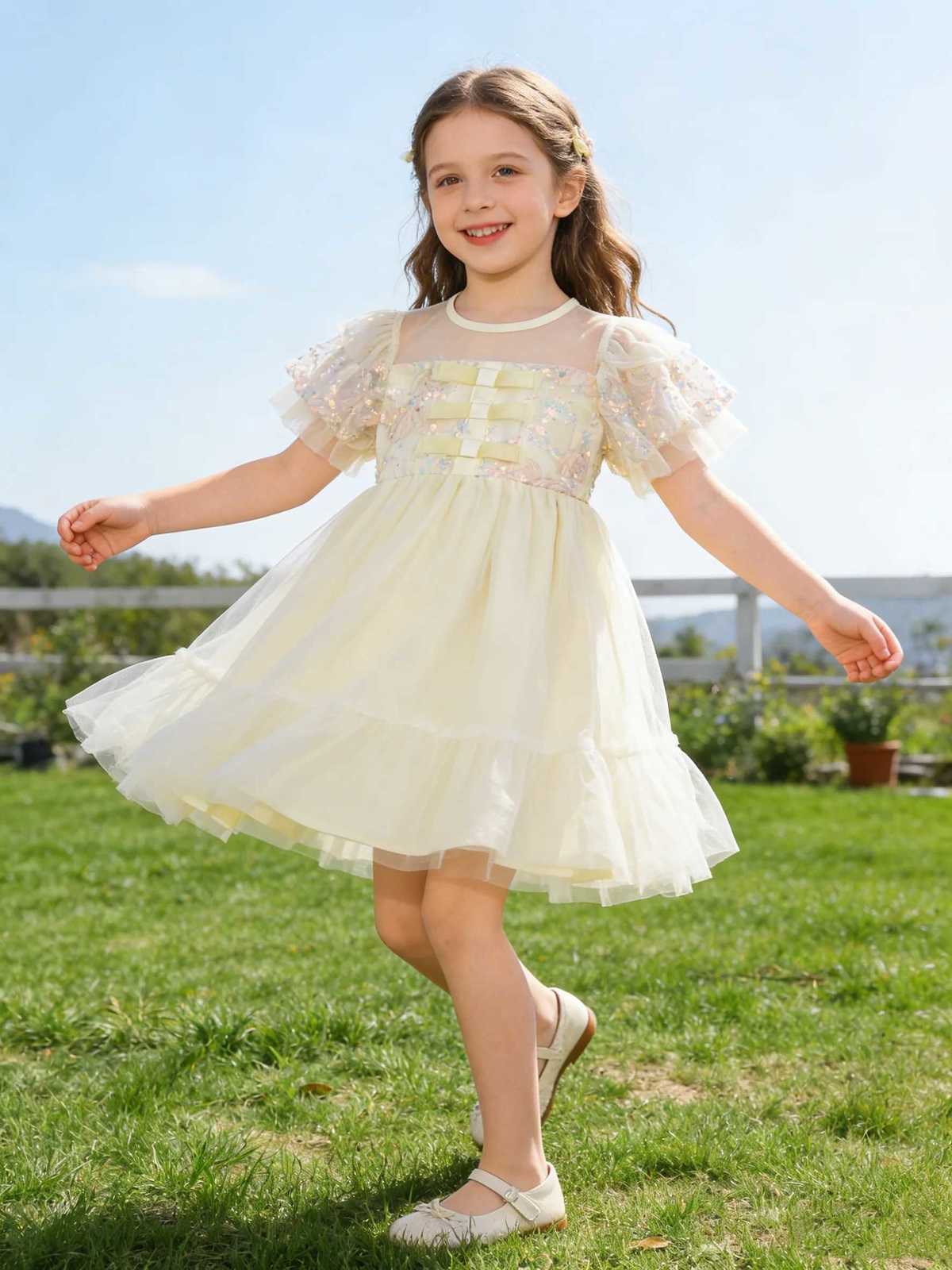 Summer New Baby National Style Sequin Tulle Dress Infant Clothing Bright Sparkling Mesh Dress for Little GirlsT260330