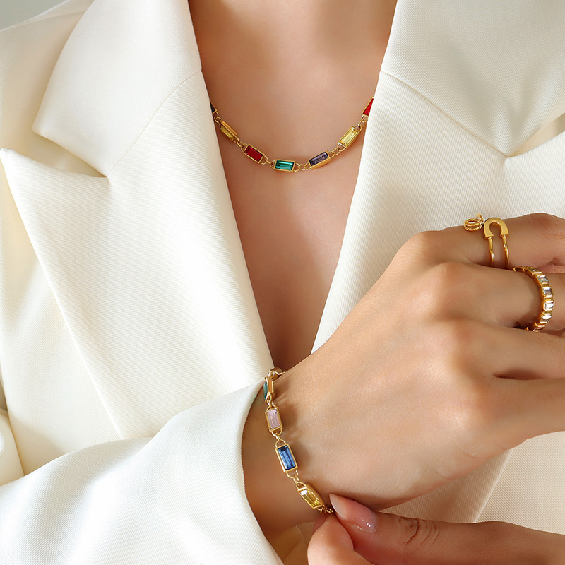 Colorful Rectangle Rhinestone Spliced Necklace Non-fading Bracelet 18k Gold Stainless Steel Multi-color Stones Luxury Designer Simple Unique Jewelry S