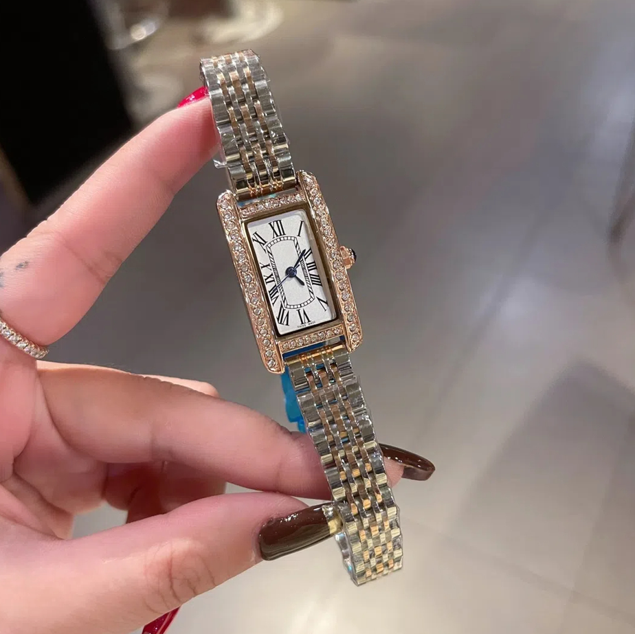 Luxury Gold Ladies TANK Brand Watch Fashion Square With Diamonds Simple Women Quartz Watches Stainless Steel Strap Dress Clock #66