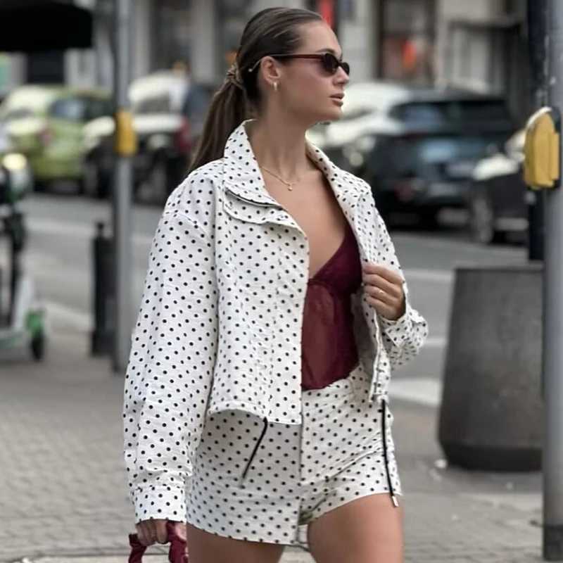 HXAO Polka Dot Bomber Jacket Womens Jackets Demi-Season Oversized Long Sleeve Top Outerwear Aviator Plus Size Zip Up Crop CoatsT260328