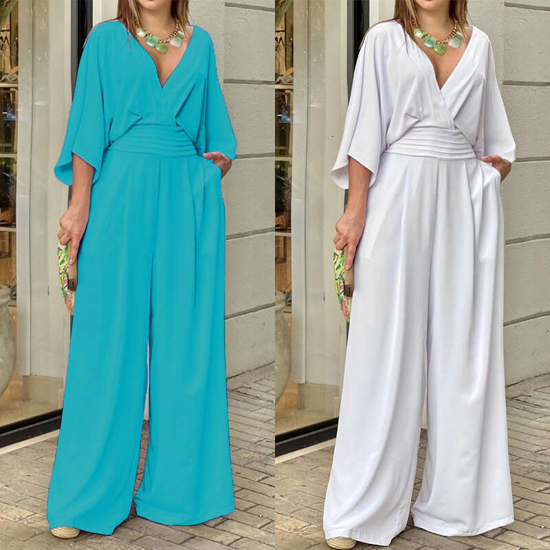 2026 Spring New Collection: Cross-Border European and American Foreign Trade Women's Clothing - Elegant Casual V-Neck Slim-Fit Solid Color Wide-L