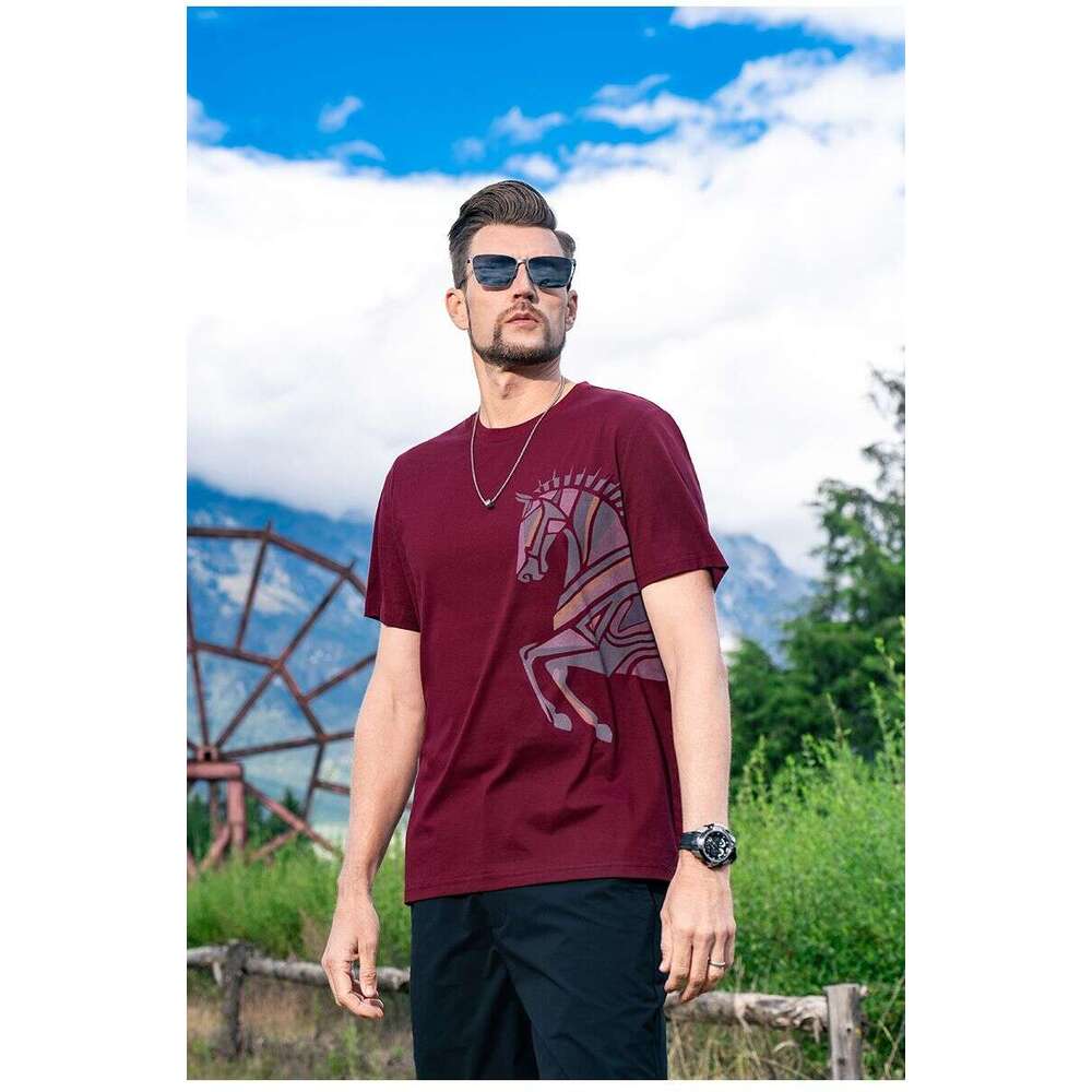 Ma Yue Qiancheng Yingjuelun Horse Year Print Cool Short-Sleeve T-Shirt Men, Breathable Ice Silk Cotton Top For Spring And Summer