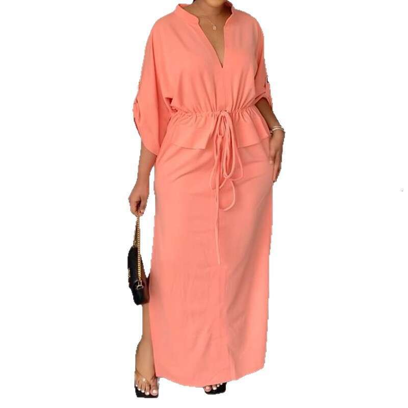 2026 Spring New Collection: Cross-Border European and American Foreign Trade Women's Clothing - Casual Commuting Solid Color V-Neck Tie Slim-Fit 