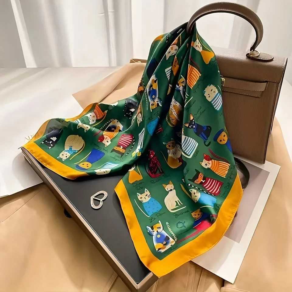 Trendy Cat Print Imitation Silk Scarf for WenSoft Satin BandanaVersatile for NeckHair Bag Ladies Scarf X260328