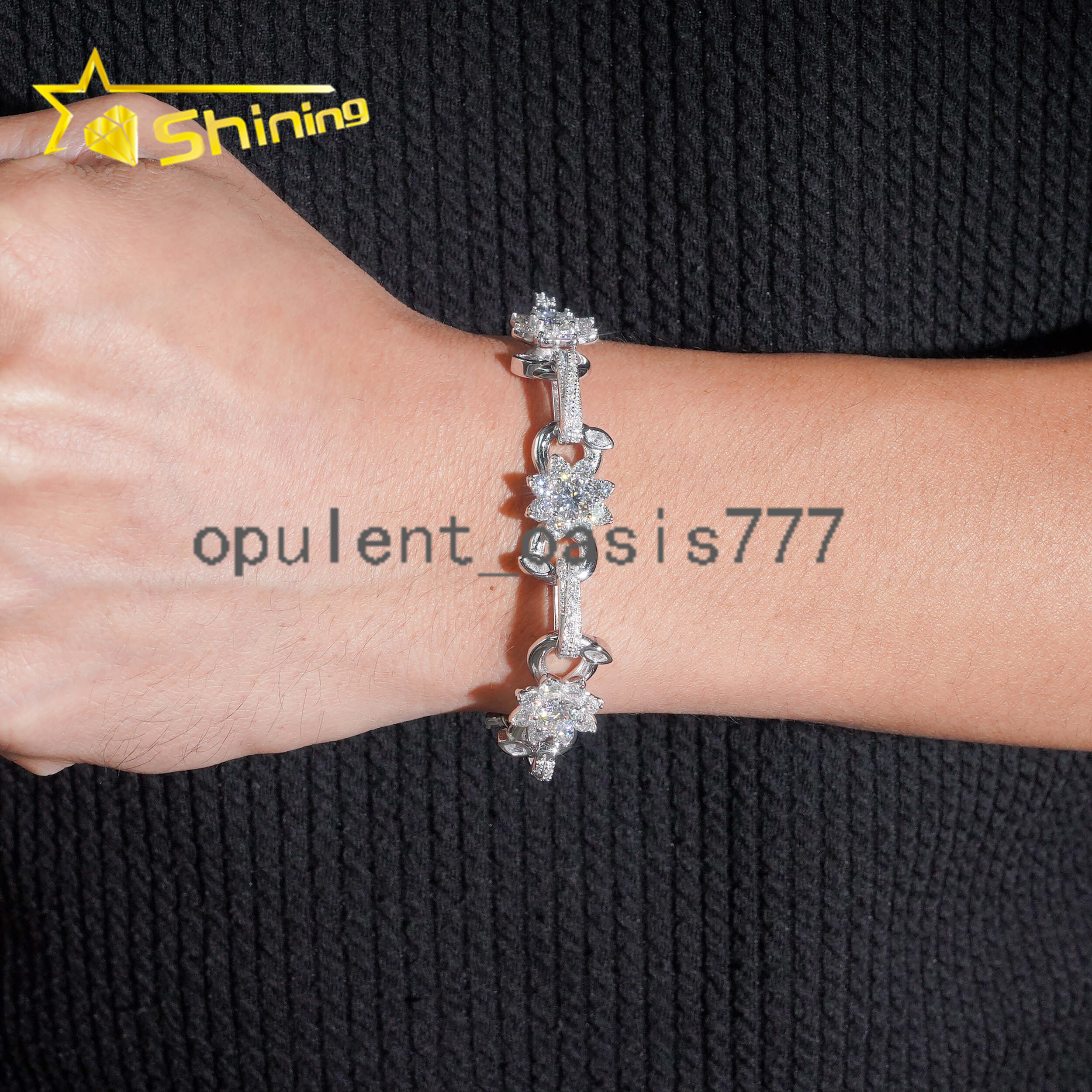 925 Silver Iced Out 13mm Flower Moissanite Cuban Link Bracelet Hip Hop Jewelry Custom High Quality Cuban Bracelet for Men Women