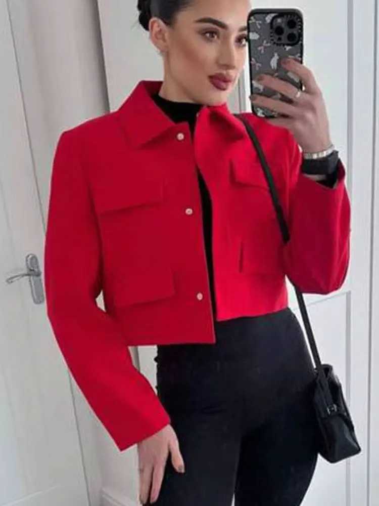 HH Womens Autumn Street Fashion Cropped Jackets With Pockets Long Sleeves Lapel Solid Color Slim Front Flap Causal CoatsT260328