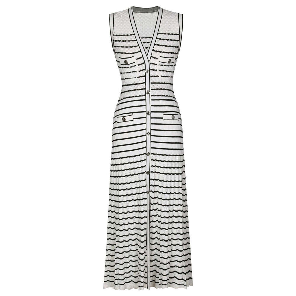 Spring and summer new designer sleeveless elastic striped knitted long dress X21 with slim fit and versatile women's dress