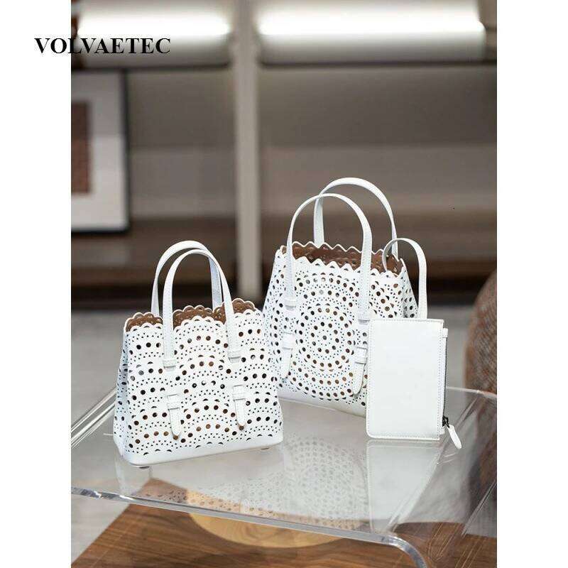 VOAETEC New Tote French Cowhide Handmade Niche Laser Flower Hollowed Real Leather Vegetable Basket Bag Retro Casual