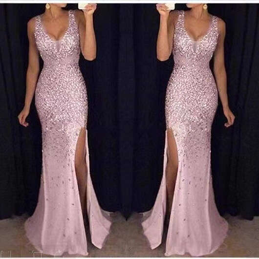 2026 New European and American Foreign Trade Cross-Border Slit Gold-Embossed Long Dress Evening Gown