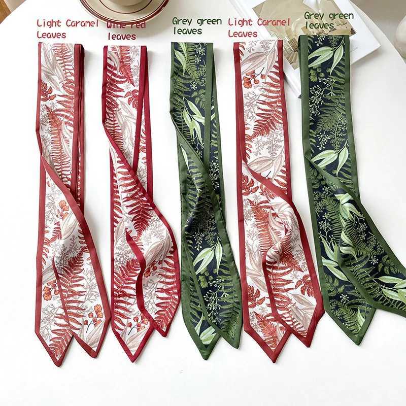 Green Burgundy Leaf Print Silk Scarves Girls Retro Bowknot Hairbands Wen Ribbons band Ponytail Holder Hair Accessories X260328