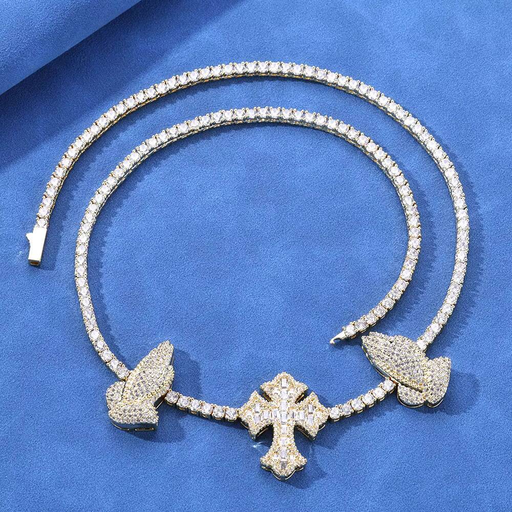 European American Vintage S925 Silver Moissanite Cross Praying Hands Tennis Chain Custom Hip Hop Mens Necklace