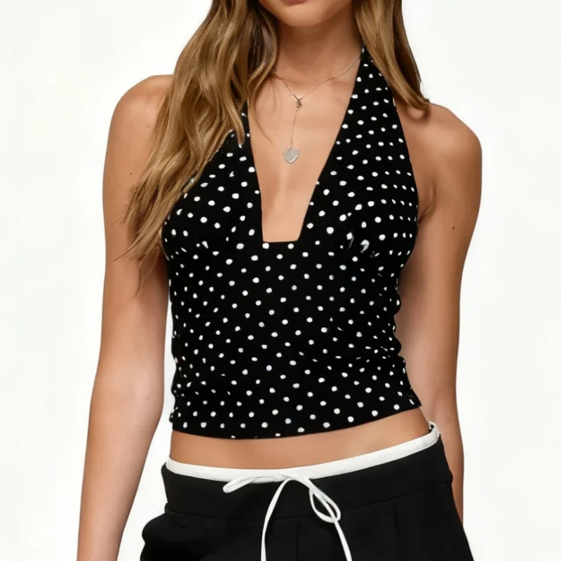 Women Y2K Polka Dot Halter Top Plunge V Neck Sleeveless Backless Low Cut Crop Top Summer Going Out Tops Streetwear 260313