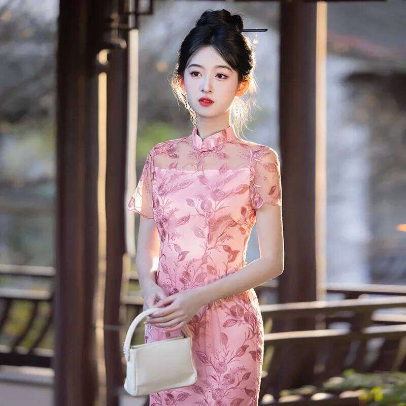 Yourqipao Summer Chinese Style Improved Cheongsam Fashion Embroidery Mid-Length Pink Short Youth Qipao Evening Dress For Women MAKOUFEI