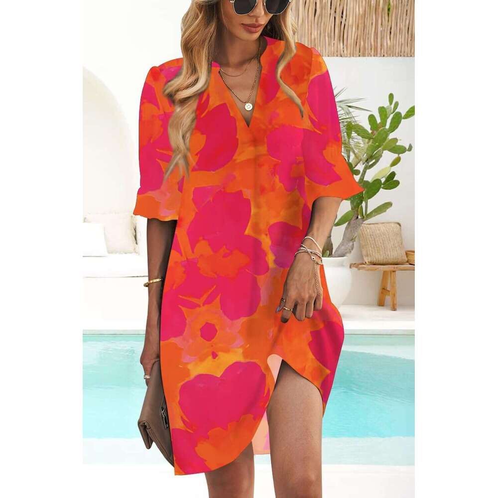 Summer Dresses For Women V Neck Ruffle Short Sleeve Casual Shift Dress Qipao Hanfu Silk
