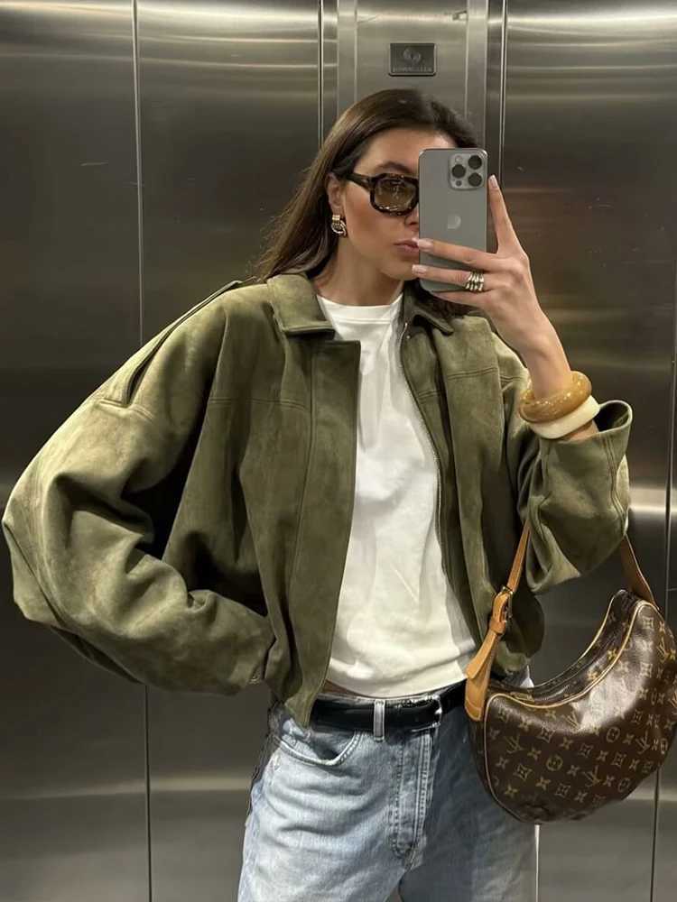 Women Green Suede Jacket 2026 New Spring Fashion Long Sleeve Zipper Oversize Bomber Jackets Chic Female Street Casual Coats T260328