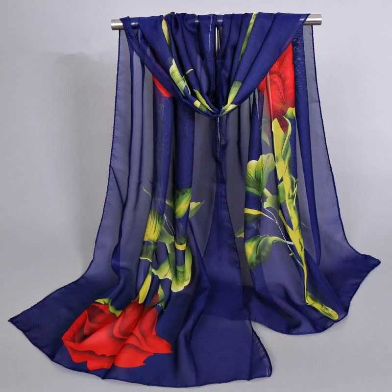 1Pc New Fashion Chiffon Silk Hijab Wens Long Soft Rose Flower Print Scarves Foard Wen Shawls X260328
