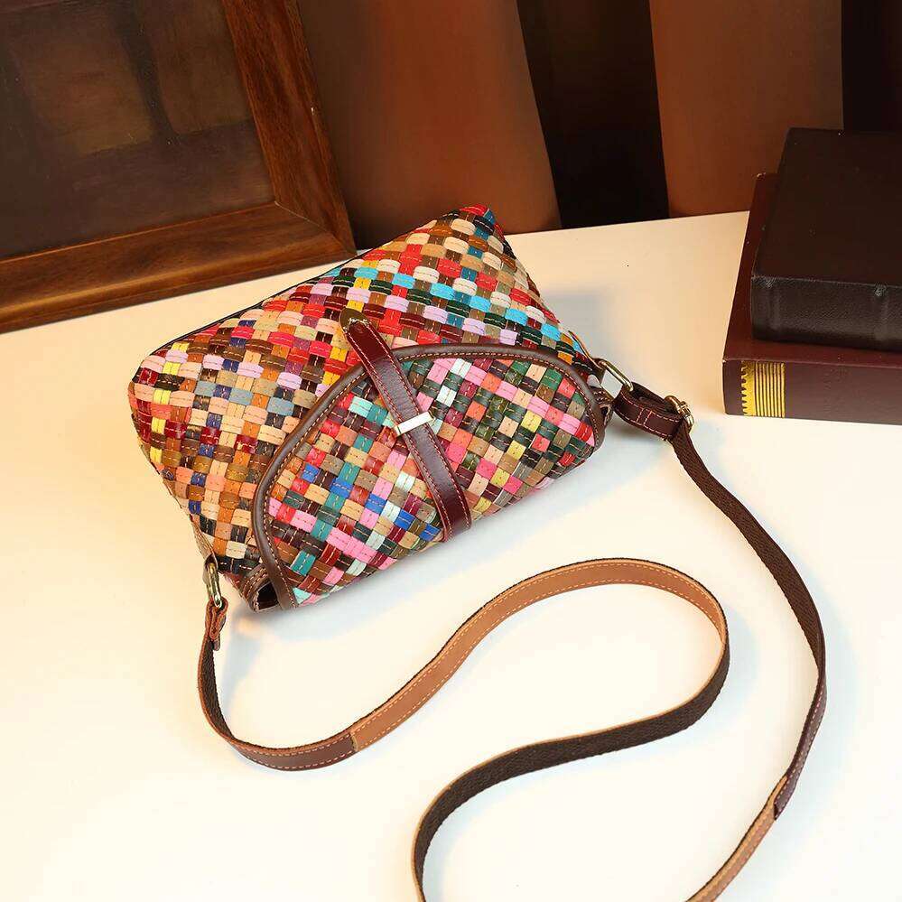 Crossbody Bohemian Rainbow Hand Woven Genuine Leather Women's Ethnic Style Contrasting Single Shoulder Bag