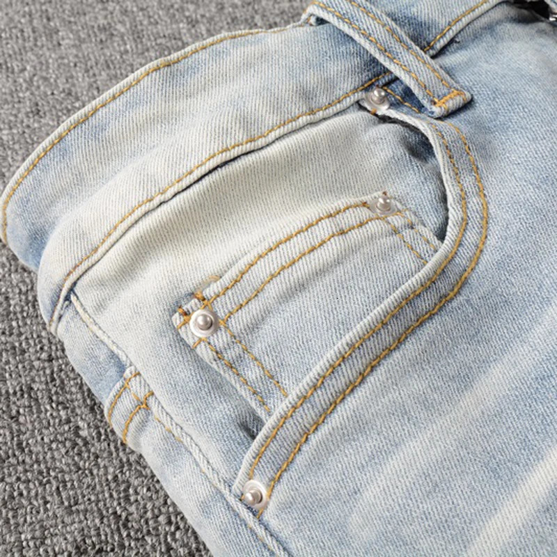 Men Crystal Holes Ripped Patchwork Jeans Streetwear Light Blue Denim Slim Skinny Pencil Pants Trousers 260327