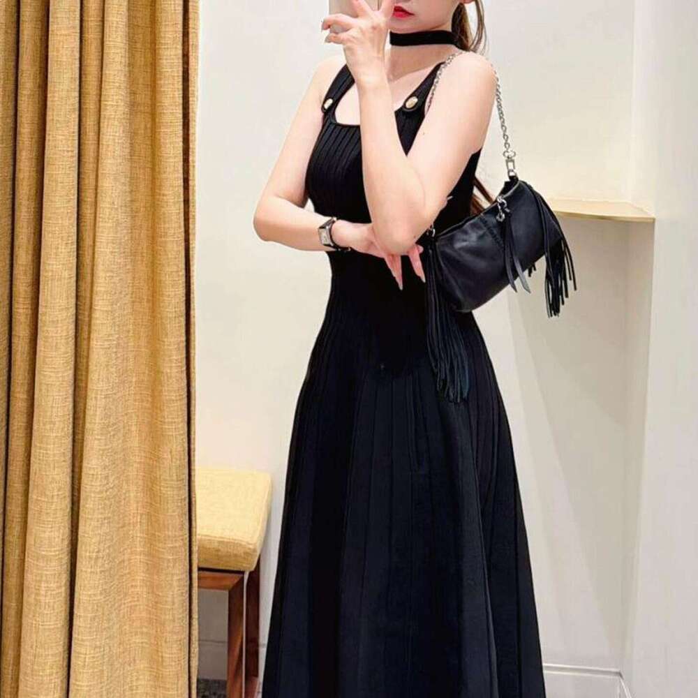 2026 summer designer French fashion women's slim fit black lace S18 up long knit dress