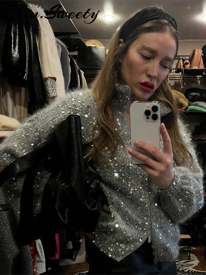 Party Sequin Knit Double-zip Women Cardigan Elegant Lapel Long Sleeve Glitter Female Sweater 2026 Spring Autumn Lady Outwear 260327