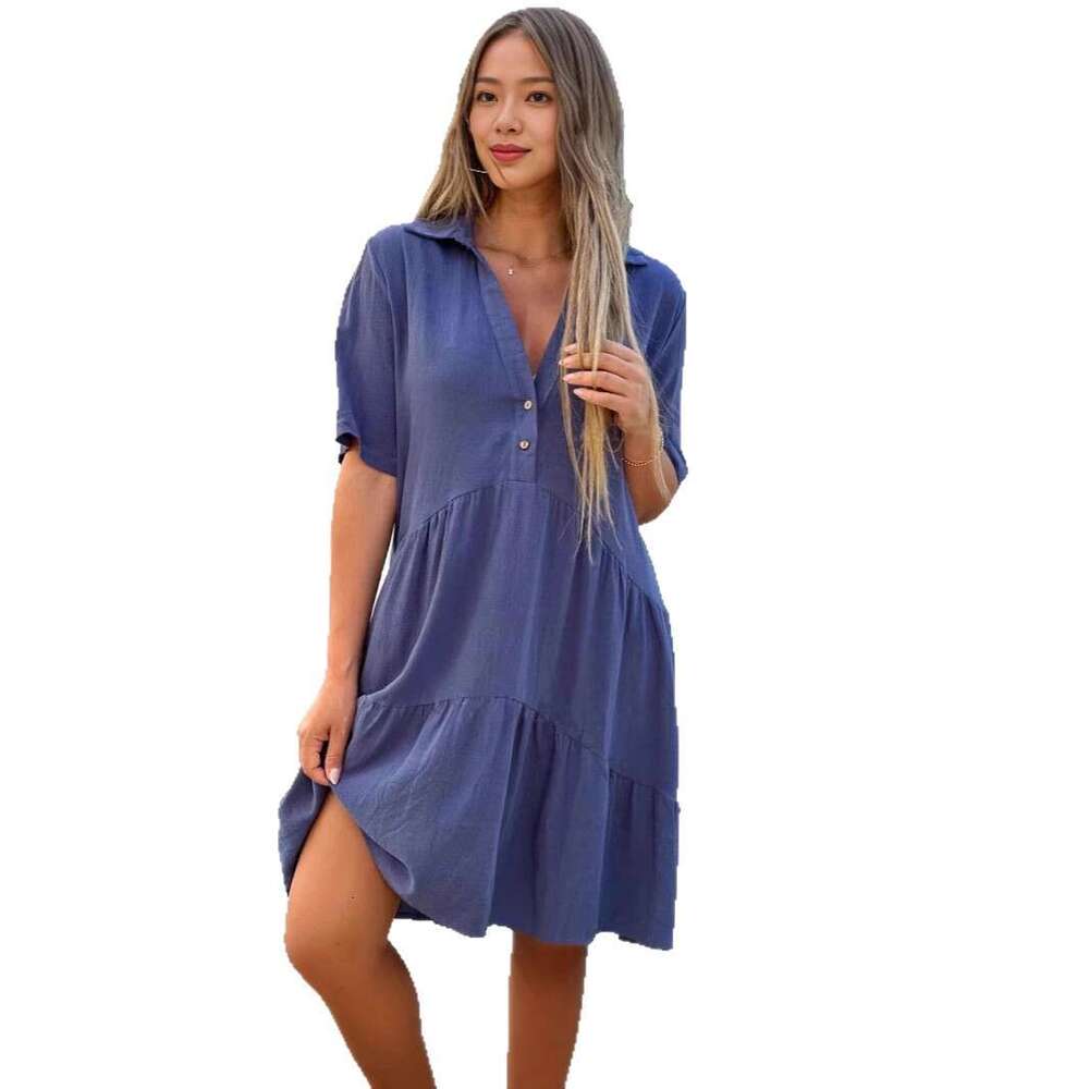 New European and American women's clothing for cross-border trade, Amazon dress, loose-fitting solid color, collared, casual short-sleeve cotton-
