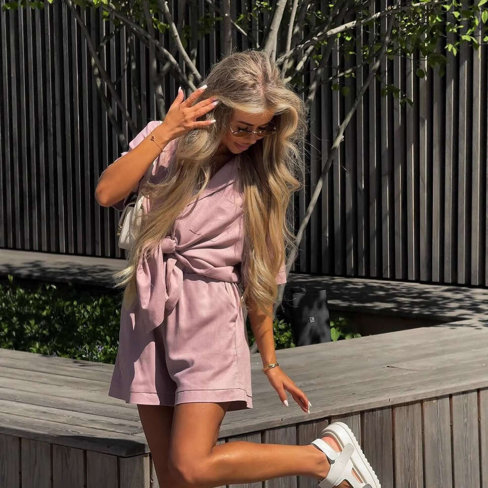 2026 Summer European American Style Cross-Border Women's Fashion Casual Set with Turn-Down Collar, Tie-Waist Short Sleeves and Shorts