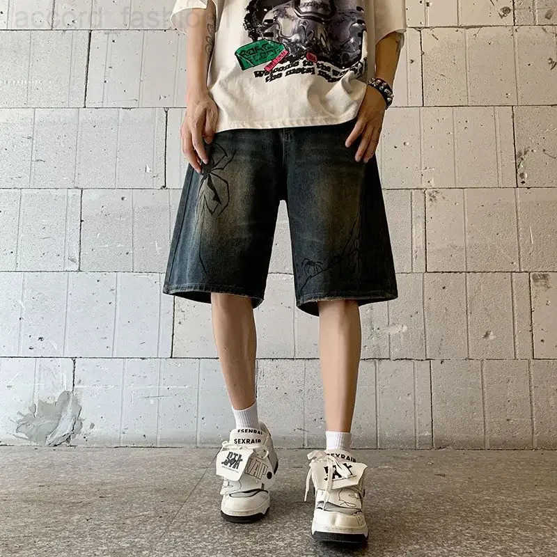 Korean Harajuku Spider Cobweb Print Denim Short for Men Y2k Retro Wash Hip Hop Punk Grunge Jeans Shorts Summer Women Streetwear H260330